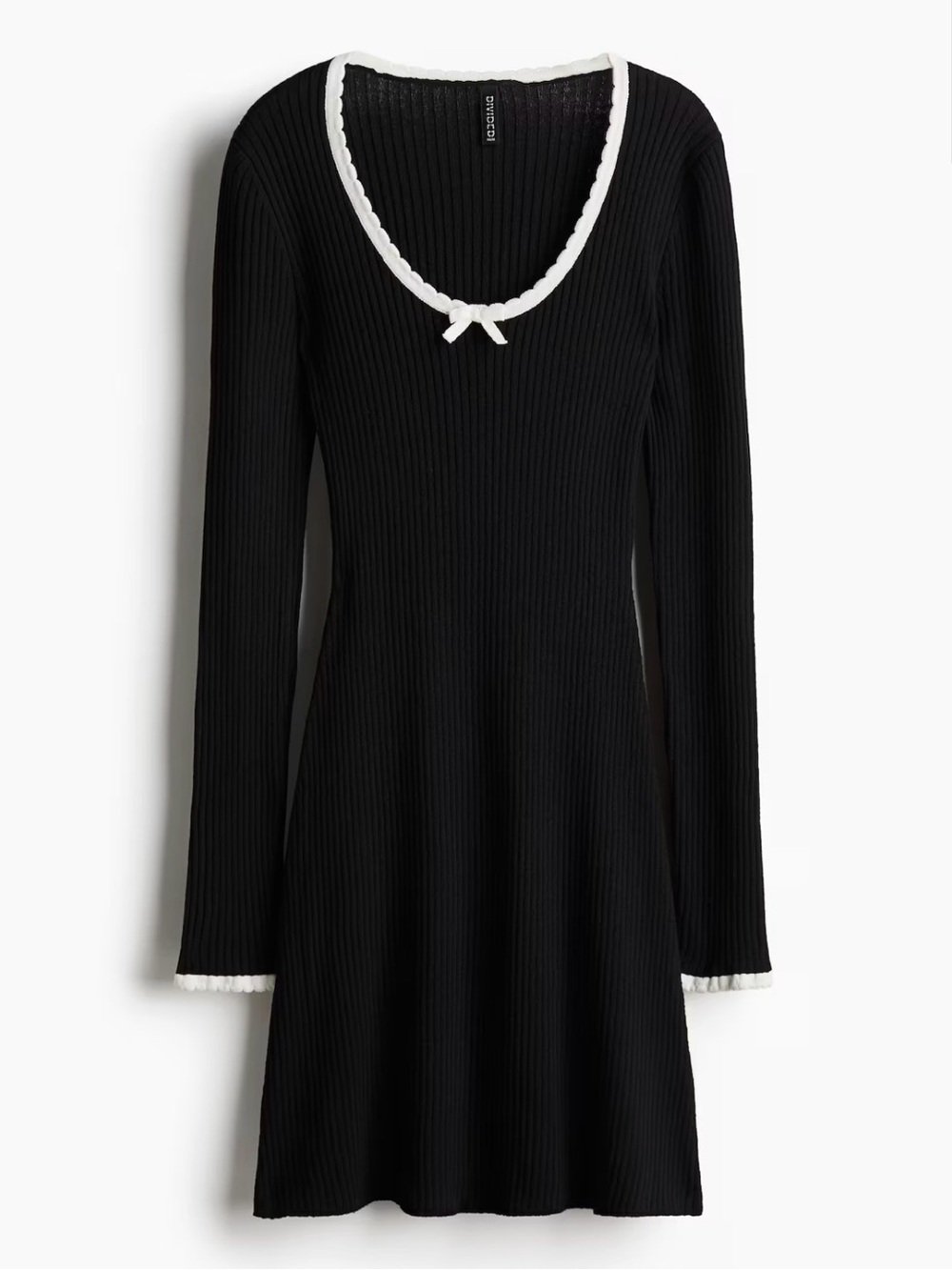Ribbed Long Sleeve Black Dress with Lace Trim